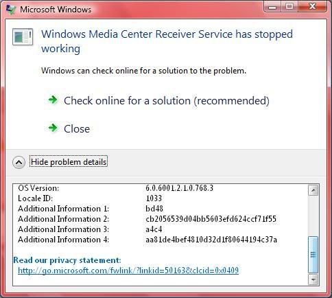 Windows Media Centre Has Stopped Working Vista